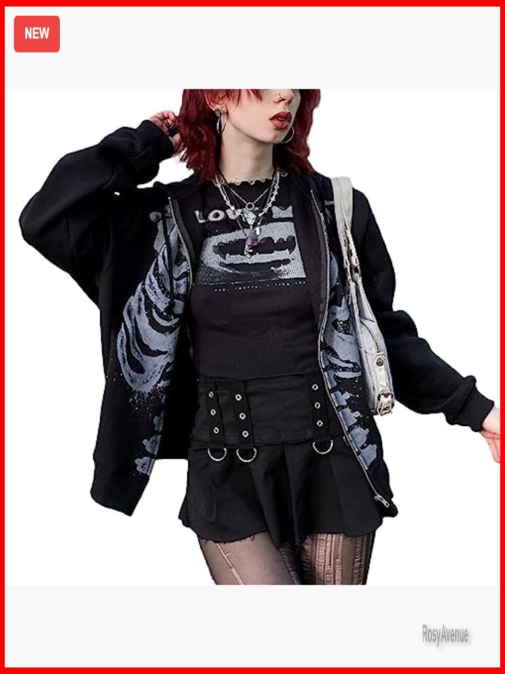 Y2K Oversized Zip Hoodie Long Sleeve Punk Sweatshirt Grunge Streetwear Top - Picture 5 of 7
